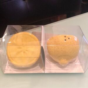 Yellow lemon salt and pepper shakers set, 2.25" L x 2" W x 2.25" H hand painted